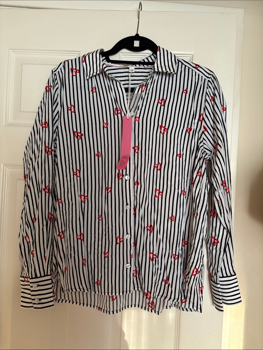 Jane and Delancey Black & White Striped Button-Up with Red Heart Print